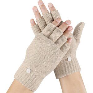Women's Beige Fashionable Windproof Fingerless Lining Mittens Flip Cover Gloves